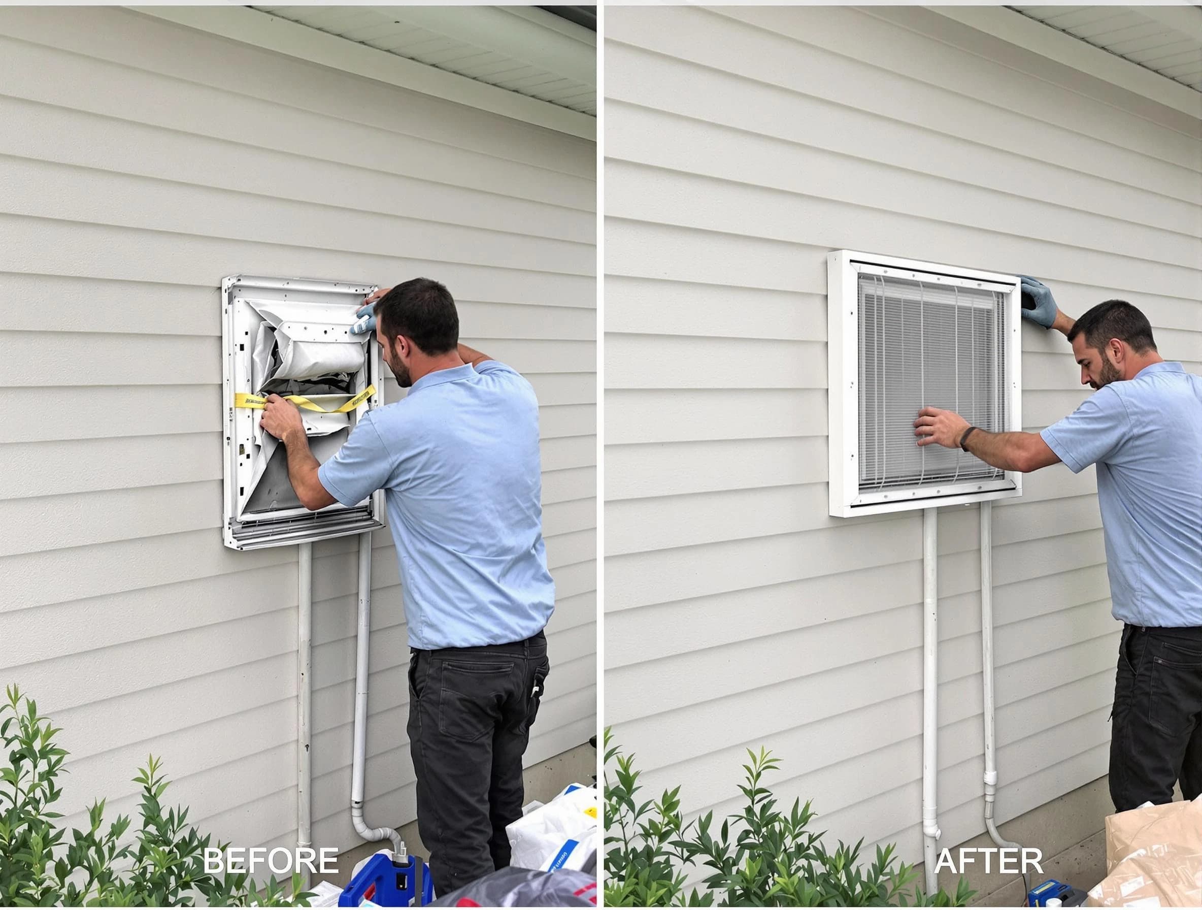 Homewood Dryer Vent Cleaning technician installing high-quality dryer vent cover at a residential property in Homewood