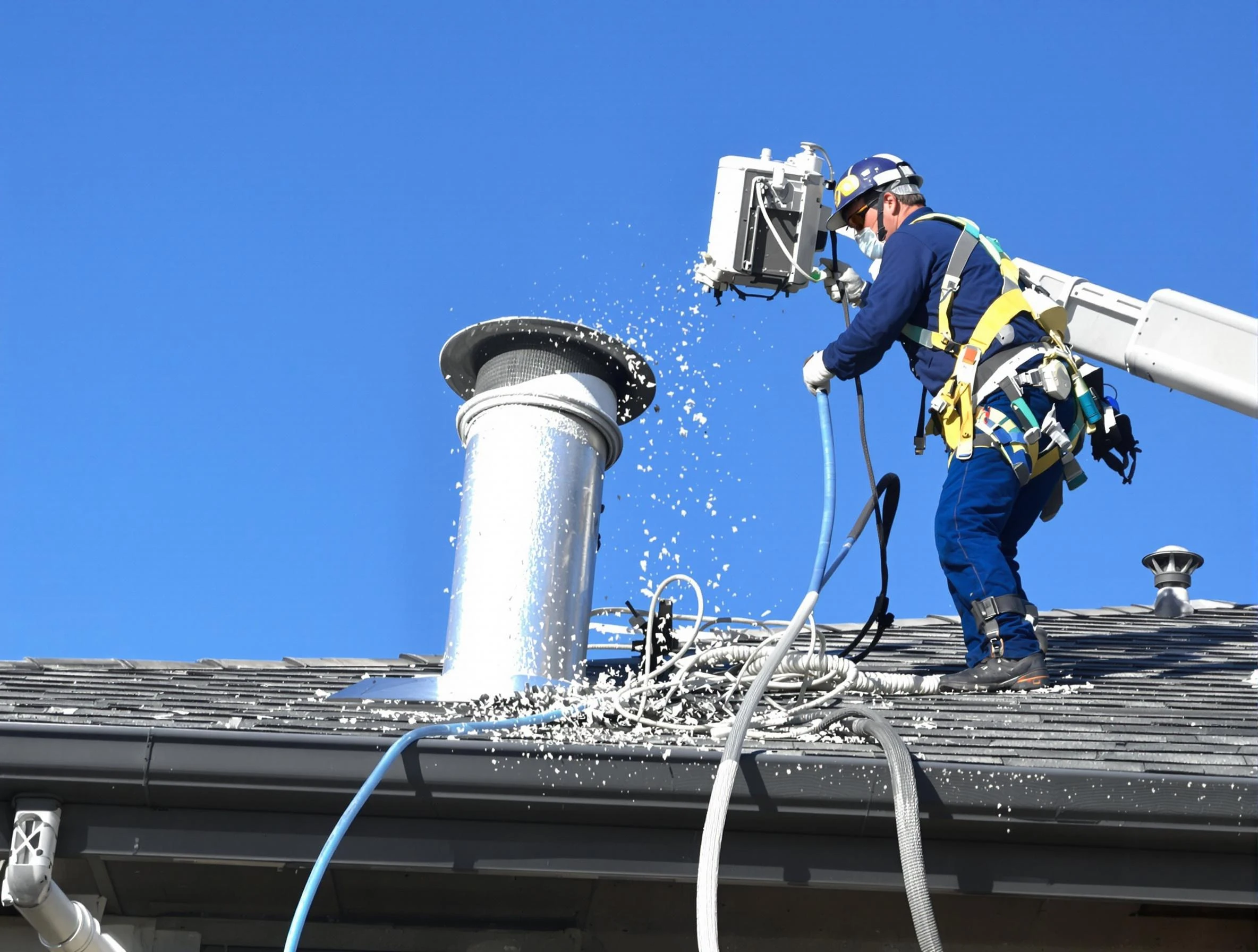 Homewood Dryer Vent Cleaning certified technician safely cleaning a roof-mounted dryer vent in Homewood